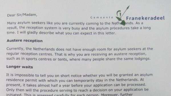 荷兰司法部长给难民发公开信,希望以此震慑难民,减少人数