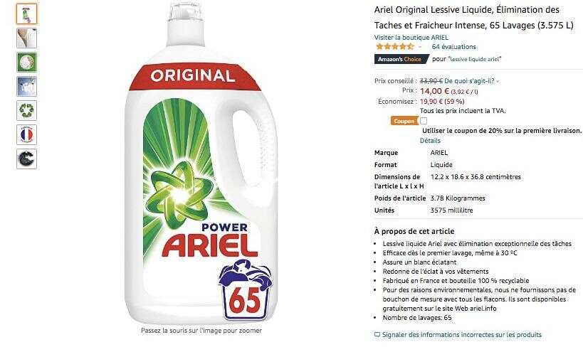Ariel Original Lessive Liquide, 65 Lavages (3.575L ), Élimination